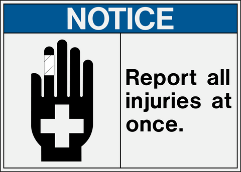 A safety sign with a blue background and white text that reads 'NOTICE' and a pictogram of a hand with a bandage on the index finger. The sign has a border of blue and a symbol on the bottom right corner.