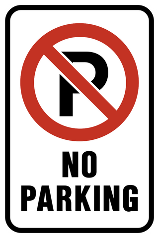 This Rectangle sign says no parking and has a parking prohibited symbol.