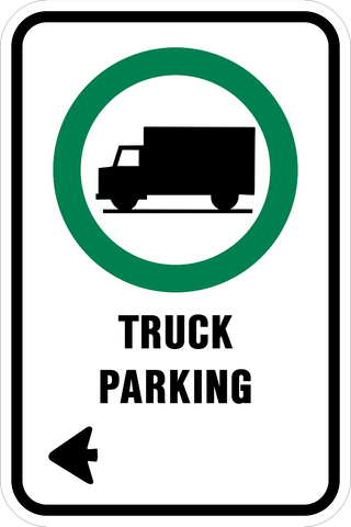 This Truck Left parking sign is a rectangle shaped sign. It has a parking permitted symbol with a truck and black text and a left corner arrow on a white background.