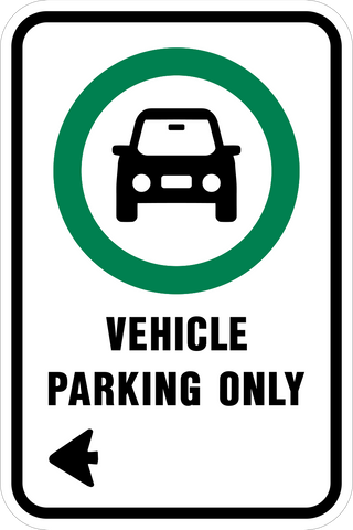 This Vehicle Only Left parking sign is rectangle in shape. It features a parking permitted symbol with a graphic of a vehicle and a left corner arrow.