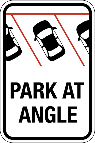 The Park at Angle Parking sign is a rectangle shape sign. It has black graphics and text saying park at angle on a white background.