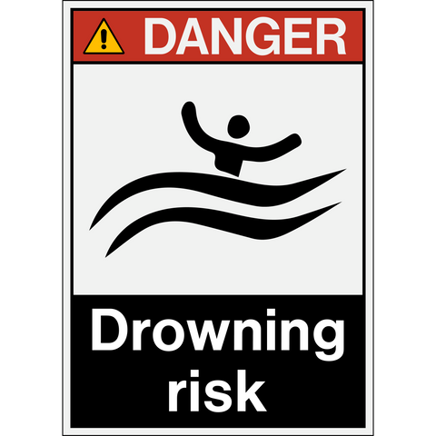 ANSI Drowning Risk Danger Sign with swimmer pictogram and water hazard warning message.