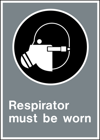 Safety sign with image of a respirator mask and text “Respirator must be worn” on gray background. PPE sign for workplace safety.