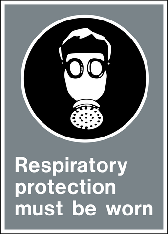 Safety sign showing a person wearing a gas mask with text Respiratory protection must be worn on gray background. PPE compliance sign.