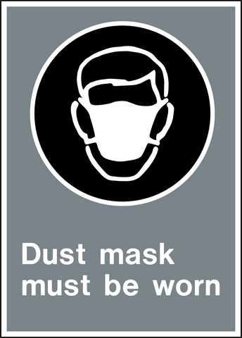 Safety sign with image of a person in a dust mask and text “Dust mask must be worn” on gray background. PPE dust protection sign.