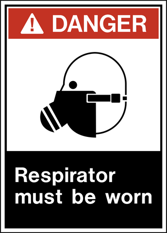 A safety sign with a black and white respirator pictogram and the text 'DANGER RESPIRATOR MUST BE WORN' beneath it.