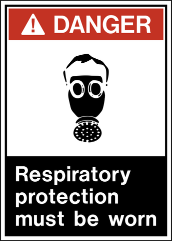 A safety sign with a yellow and black background, featuring a white pictogram of a gas mask and the text 'DANGER RESPIRATORY PROTECTION MUST BE WORN'.