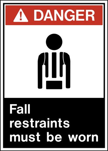 A rectangular sign with a white background featuring the text 'DANGER' in red capital letters and a black and white pictogram of a person wearing a fall restraint harness.