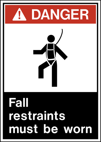 Danger Fall Protection PPE Sign with with red Danger banner and falling worker harness symbol and Fall Restraints Must Be Worn message.