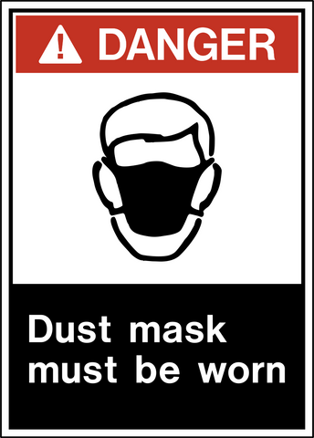 Safety sign with a white background and red and black text that reads 'DANGER DUST MASK MUST BE WORN' along with a pictogram of a dust mask. ANSI Layout