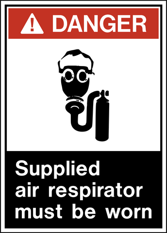 A safety sign with a black and white pictogram depicting a cartoon character wearing goggles and a respirator, with the text 'DANGER SUPPLIED AIR RESPIRATOR MUST BE WORN'.