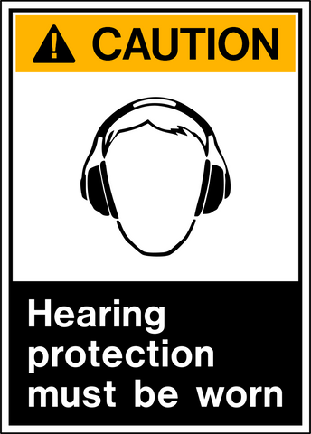 Safety sign with a yellow and black triangular background and a white pictogram of headphones with the text 'CAUTION HEARING PROTECTION MUST BE WORN'.