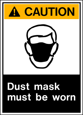 A safety sign with a yellow caution triangle, black text 'CAUTION', and an illustration of a person wearing a dust mask.