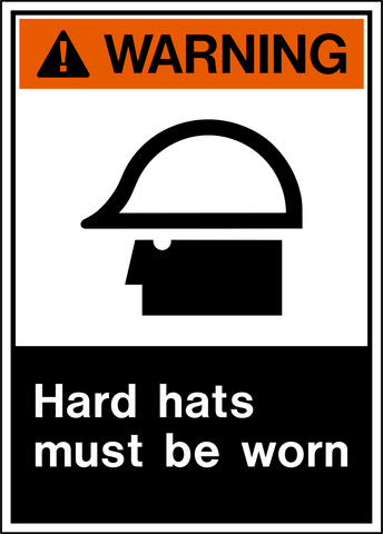 ANSI Warning Hard Hats Must Be Worn Sign featuring side-profile hard hat pictogram and white lettering.