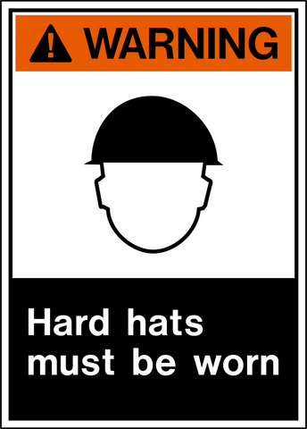 Warning Hard Hats Must Be Worn Sign with front-facing hard hat pictogram and black message panel.