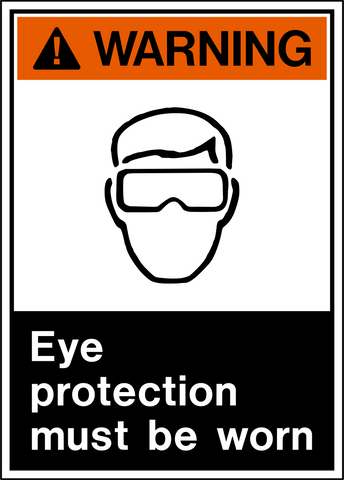 ANSI Warning Eye Protection Must Be Worn Sign featuring worker wearing protective safety goggles.