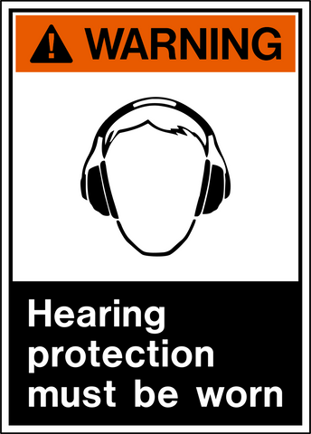 ANSI Warning Hearing Protection Must Be Worn Sign showing worker wearing protective earmuffs.