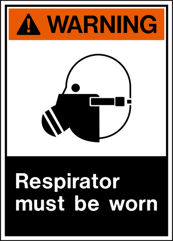 A safety sign with a black and white color scheme, featuring an orange triangle with a black symbol of a respirator and the text 'RESPIRATOR MUST BE WORN'.