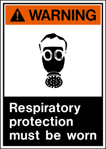 A safety sign with a white background featuring a black and orange triangle with a respiratory protection symbol and text that reads 'RESPIRATORY PROTECTION MUST BE WORN'.