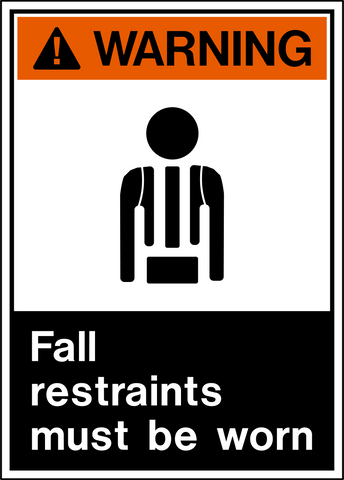 A safety warning sign with an orange and black triangular background and a pictogram of a person wearing a backpack and a hat with the text 'FALL RESTRAINTS MUST BE WORN'.
