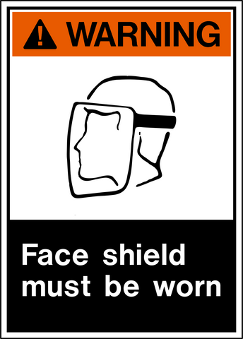 ANSI Warning Face Shield Must Be Worn Sign featuring face shield pictogram and black safety message panel.
