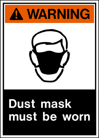 Safety sign with image of a person in a dust mask and text “Dust mask must be worn” warning sign. PPE dust protection sign.