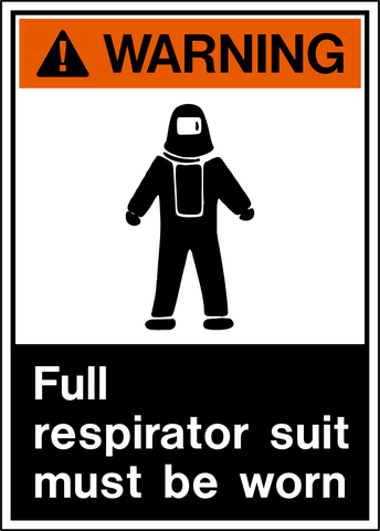 A safety sign with a warning label and a pictogram depicting a person wearing a full respirator suit. The text on the sign says 'FULL RESPIRATOR SUIT MUST BE WORN'.