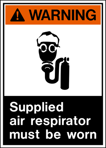 A safety sign with a black and white pictogram depicting a cartoon character wearing goggles and a respirator, with the text 'WARNING SUPPLIED AIR RESPIRATOR MUST BE WORN'.