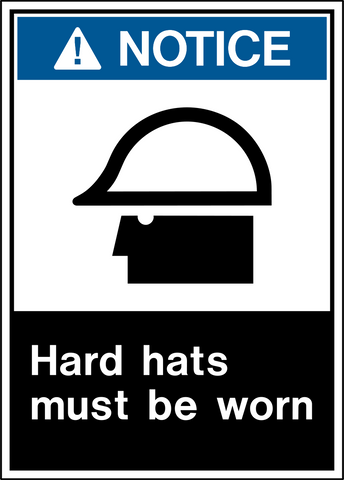 Blue and white Notice PPE Sign with standalone outlined hard hat pictogram and Hard hats must be worn text. Western Safety Sign.