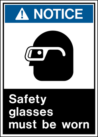 Blue and white Notice PPE Sign with safety glasses profile pictogram and the words Safety glasses must be worn. Western Safety Sign.