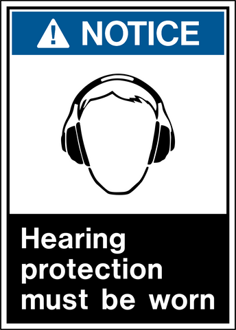 Blue and white Notice PPE Sign with a person wearing earmuffs and Hearing protection must be worn wording. Western Safety Sign.