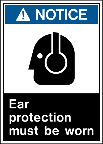Blue and white Notice PPE Sign with a stylized ear protection symbol and the words Ear protection must be worn. Western Safety Sign.