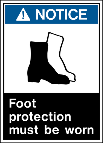 Blue and white Notice PPE Sign with two overlapping boot graphics and the message Foot protection must be worn. Western Safety Sign.