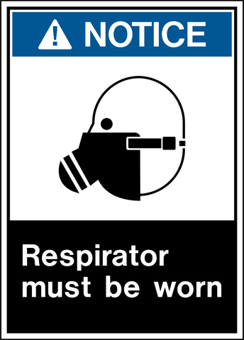 A safety sign with a blue background and white text that reads 'NOTICE' and a pictogram of a respirator with a cautionary symbol behind it.