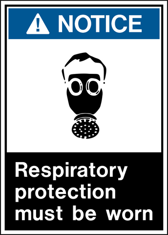 A safety sign with a yellow and black background, featuring a white pictogram of a gas mask and the text 'NOTICE RESPIRATORY PROTECTION MUST BE WORN'.