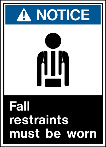 A safety notice sign with a blue background and a pictogram of a person wearing a striped shirt and pants, labeled 'NOTICE' and 'FALL RESTRAINTS MUST BE WORN'.
