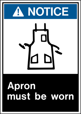 Blue notice sign with black protective apron pictogram and apron must be worn text. Apron Must Be Worn Notice PPE Sign by Western Safety Sign.