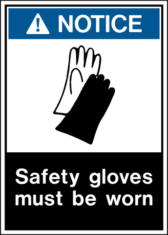 Blue notice sign with black safety glove pictogram and safety gloves must be worn message. Safety Gloves Must Be Worn Notice PPE Sign by Western Safety Sign.