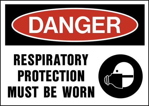 A safety sign with a white background and red and black text that reads 'DANGER RESPIRATORY PROTECTION MUST BE WORN' along with a pictogram of a respirator.