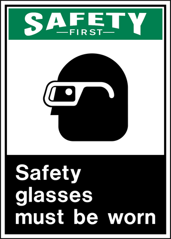 Safety First Safety Glasses PPE Sign with protective glasses symbol and Safety Glasses Must Be Worn message.