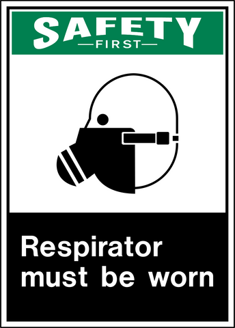 A safety sign with a blue background and white text that reads 'SAFETY FIRST' and a pictogram of a respirator with a cautionary symbol behind it.
