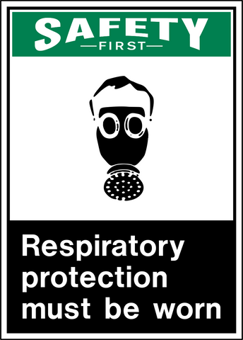 A safety sign with a yellow and black background, featuring a white pictogram of a gas mask and the text 'SAFETY FIRST RESPIRATORY PROTECTION MUST BE WORN'.