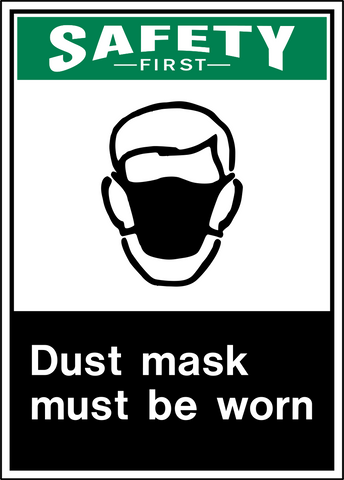 Safety sign with a green background and text that reads 'DUST MASK MUST BE WORN' along with a pictogram of a dust mask.