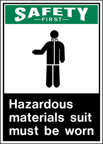Safety First Hazardous Materials Suit PPE Sign with protective suit pictogram and Hazardous Materials Suit Must Be Worn message