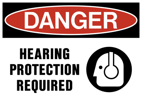 A safety sign with a white background and red border, featuring the text 'DANGER' and a pictogram of ear protection equipment.
