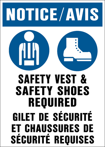 Blue and white bilingual notice avis sign requiring safety vest and safety shoes in english and french. Bilingual Vest & Shoes Notice PPE Sign by Western Safety Sign.