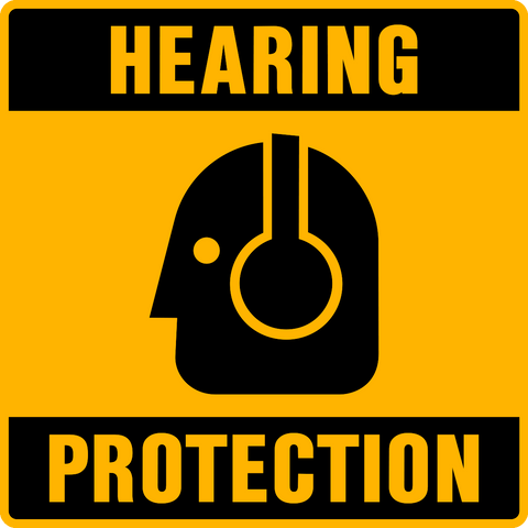A yellow safety sign with a black graphic of a pair of headphones and a stylized human ear, and the text 'HEARING PROTECTION' in bold black letters.