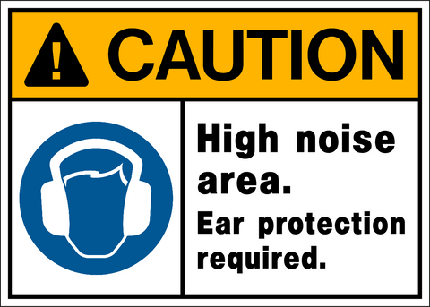 A safety sign with a yellow background and black and blue icon indicating ear protection is required in a high noise area.