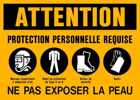 Yellow safety sign with black and white text and graphics indicating required personal protective equipment for respiratory protection, Type 5 or 6 boots, safety gloves, and a gas mask with air supply.