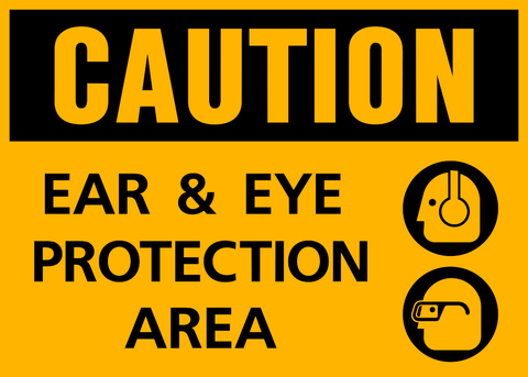 Yellow sign with black text and pictograms indicating 'CAUTION EAR & EYE PROTECTION AREA' along with symbols depicting ear and eye protection devices.